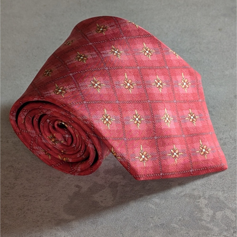 Hermès Paris Silk Tie 7938 MA Red Plaid Diamond Floral Pattern France